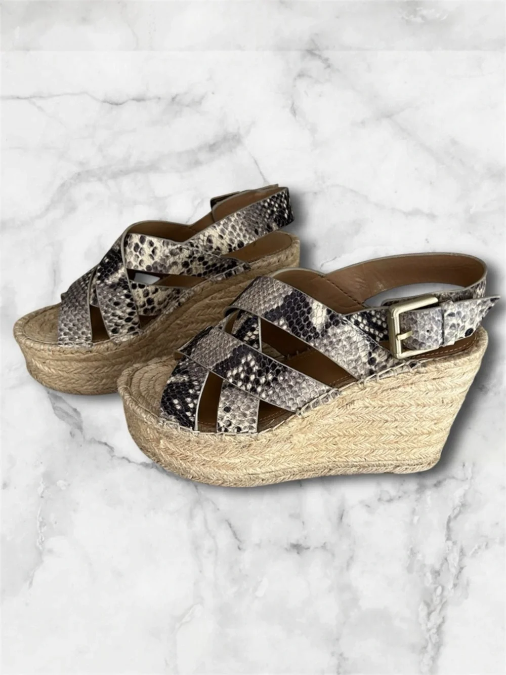 Marc Fisher Platform Espadrille Wedge Leather Snakeskin Sandals Size 6